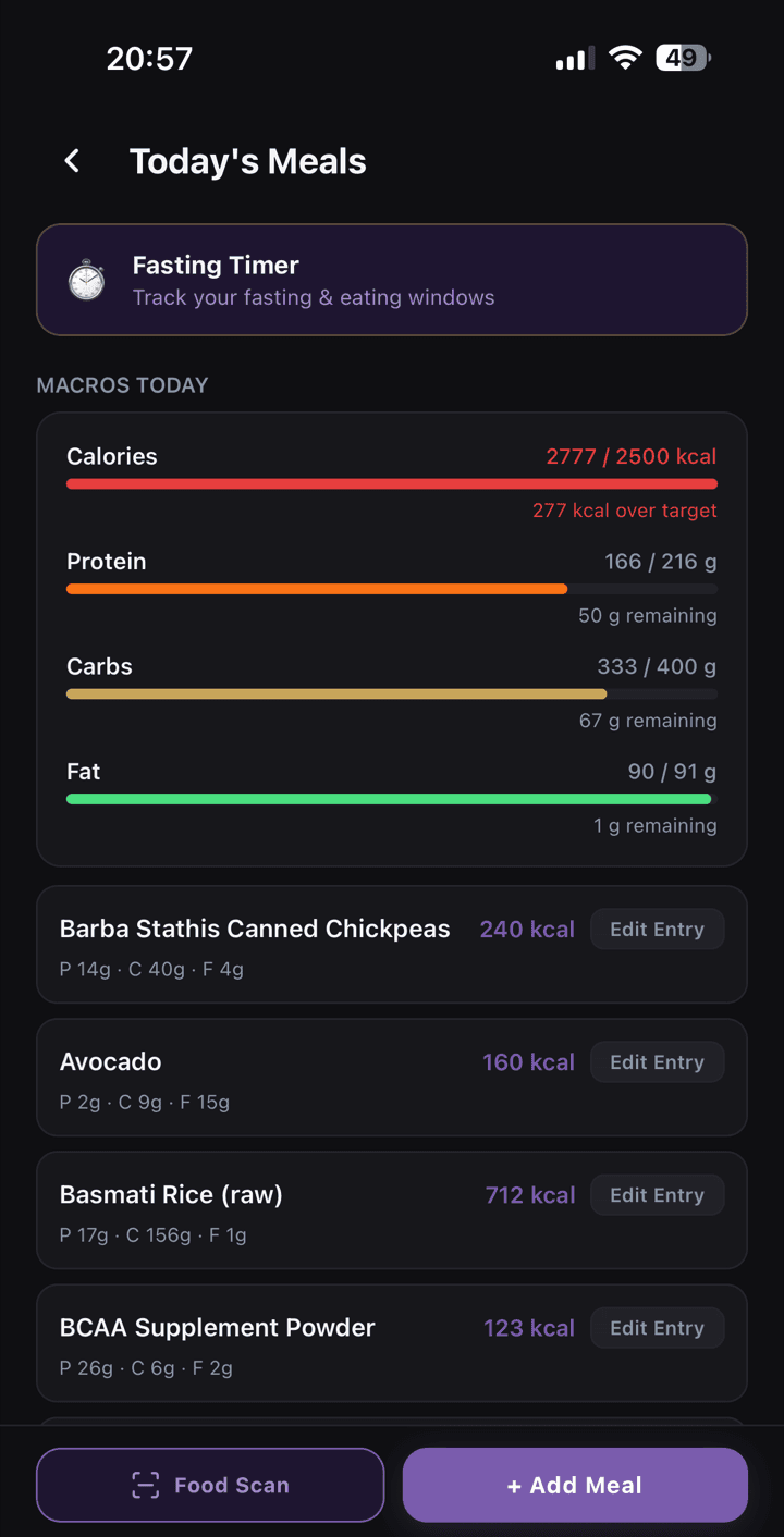 The Theron app showing a member’s daily macros and logged meals